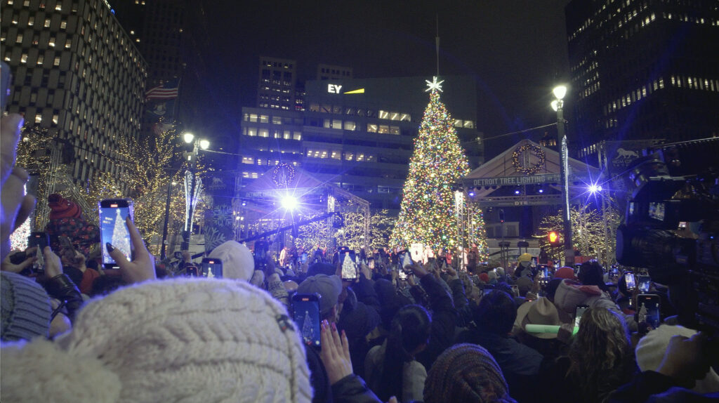 Viewers gather around the Christmas tree and Campus Martius Park for the 21st annual Detroit tree lighting ceremony